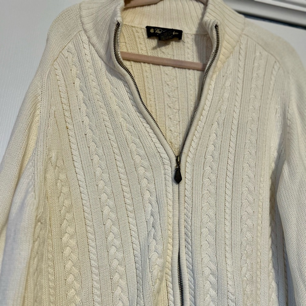 Cream Cable Knit Zip-Up Sweater by Brooks Brothers.